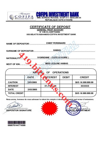 Certificate deposit